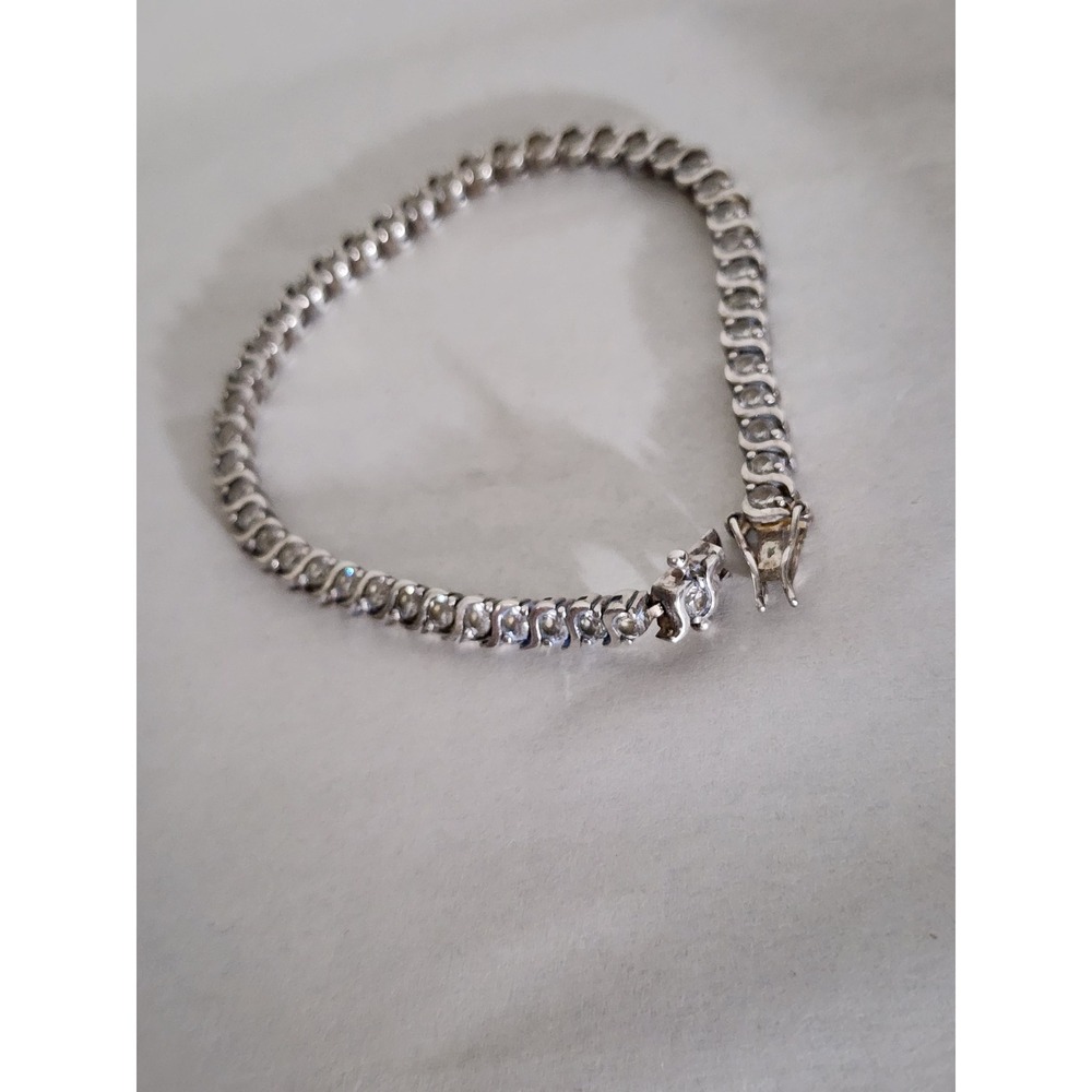Sterling Silver 925 S-Link Tennis Bracelet Round Clear Stones Box Clasp 7.5in CZ